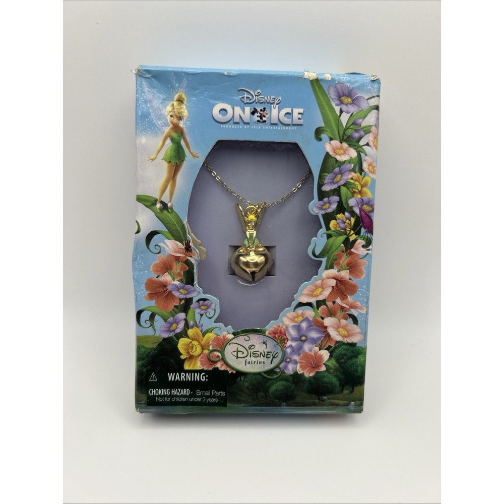 Vintage Disney Tinkerbell Bell Pendant Necklace on‎ Chain Gold Tone Open Box
